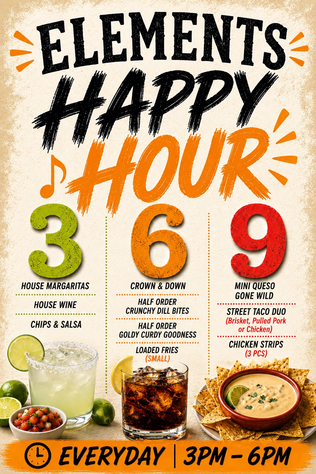 Elements Happy Hour flyer — every day 3pm to 6pm, with $3, $6 and $9 drink and appetizer specials